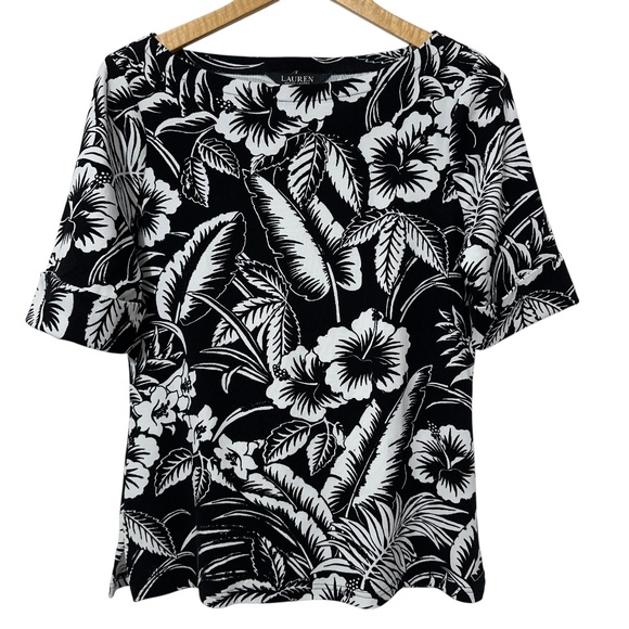 Lauren Ralph Lauren Womens Black Label Leaf Print Knit Top Size L Boat Neck - Picture 1 of 5